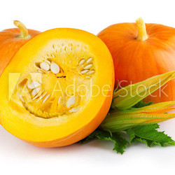 Ripe pumpkin vegetables with green levaes and blossom isolated