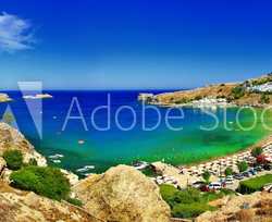 panoramic view of Lindos bay, Rhodes island, Greece