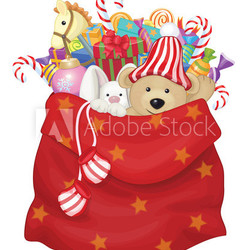 Vector Santa Claus bag with toys and gifts.