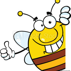 Pudgy Bee Cartoon Character Giving A Thumb Up Behind A Sign