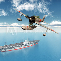 Japanischer Jagdbomber und japanischer Flugzeugträger