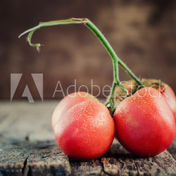 Composition from Red Tomatoes with drops on the wooden backgroun
