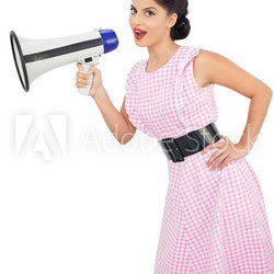 Smiling black hair model holding a megaphone