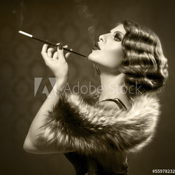 Smoking Retro Woman. Vintage Styled Black and White Photo