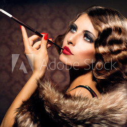 Retro Woman Portrait. Beautiful Woman with Mouthpiece