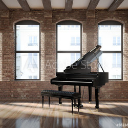 Vintage romantic loft interior, with a black piano