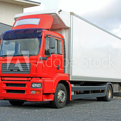 Red Delivery Truck by Warehouse