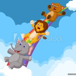 Illustration of Animals Sliding Down a Rainbow