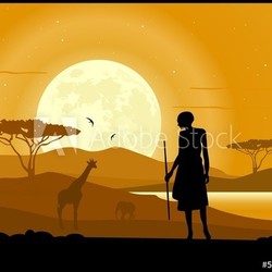 African hunter, animal silhouettes and moon rise