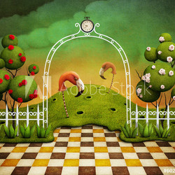 Bright green background with Arch, roses and flamingos