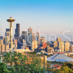 Seattle skyline panorama at sunset, Washington, USA