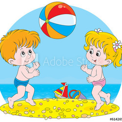 Little girl and boy playing a big ball on a beach