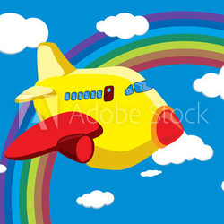 Cartoon Airplane in the Rainbow Sky - Vector Illustration