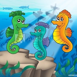 Sea horses family with shipwreck